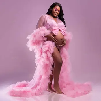 Cor-de-rosa da Maternidade Vestidos para o Photoshoot de Vestir Boudoir do Vestido de Noiva Veste Inchados de Tule Gravidez de Mulheres de pijamas, Pijamas  5