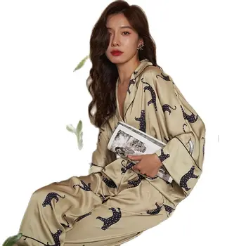 Alta Qualidade de Mulheres Pijama Conjunto de Luxo estampa de Leopardo Solta Superior Pijamas de Seda, Como roupa de Dormir de Lazer Homewear Femme conjuntos de verão  5