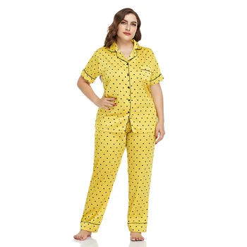 Pijamas Femme Pijama de Cetim Mulheres Pijamas de Bolinhas Impresso Pijama Terno de 2 pcs Feminino de Suspensão de Duas peças de Conjunto de Loungewear Plus Size  4
