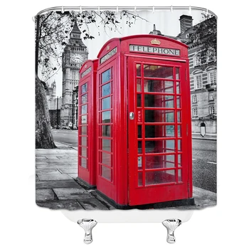Londres Retro Cabine de Telefone de casa de Banho Cortina de Chuveiro do Big Ben Vermelho Cenário Impermeável Tecido de Poliéster para a Arte Banheira de Decoração de Casa  5