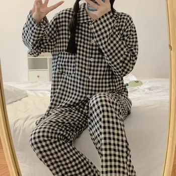 QWEEK Xadrez Pijamas para Mulheres Japonês Breve Conjunto de 2 peças Roomwear Outono Pijamas Preto Pijamas de Manga Longa Pijamas Loungewear  5