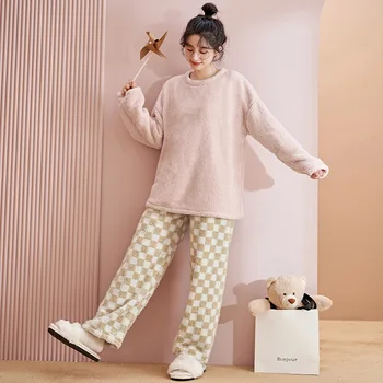Yasuk de Inverno de Moda feminina Casual Sólido Macio Quente Pijamas Nightgow Solta Pijama Com Calça de Flanela, Veludo, o Simples cor-de-Rosa Xadrez  4