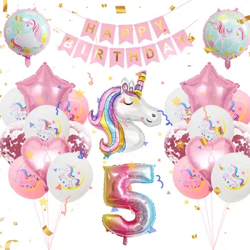 1Set Unicórnio Festa de Aniversário, Decorações de Unicórnio Balão Número de Balões Folha Feliz Aniversário Banner do Chuveiro de Bebê Decoração  2