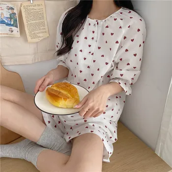Impressão De Coração Verão Pijama Conjunto De Mulheres Coreano Kawaii Pijama Conjunto De Duas Peças De Camisas + Shorts De Algodão Casual Home De Roupa De Homewear  5