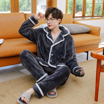 O mais novo de Flanela Homens de Inverno Engrossar Quente Conjuntos de Pijamas Masculino Manga Longa, Calças de Outono Camisola Pijamas Casa de Vestuário  5
