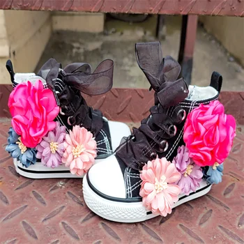 Feito à mão florais personalizados fita de alta-top sapatos de lona nicho de todos-jogo bonito da menina do bebê sapatos 23-34  3