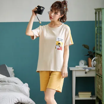 Mulheres pijamas novos senhoras coreano verão fresco e encantador finos de algodão de manga curta, shorts ocasionais de duas peças de conjuntos de pijama pijama conjunto  5
