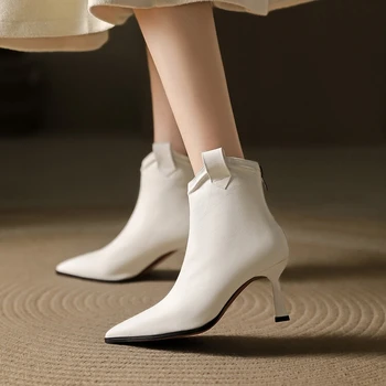 NOVA Queda de Sapatos de Mulheres Apontou Toe Sapatos de Salto Alto de Couro Genuíno Sapatos Finas de Calcanhar Ankle Boots Mulheres Elegent Zíper Moderno Botas  5