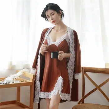 Outono Novas Mulheres Sólido Pijamas Femininos de Alta Qualidade 2 PCS Manto Conjunto de Quimono de Algodão Roupão de banho Lace Vestido Sexy em Casa Vestido de Camisola  5