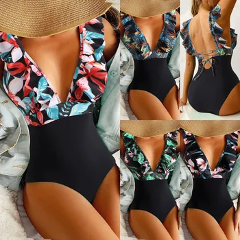 2022 Sexy Novo Plissado De Impressão Floral Um Maiô De Peça Swimwear Das Mulheres Profundo Decote Em V Moda Praia Maiô Monkini  5