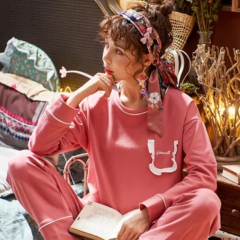 Pijama de Mulheres jogo Apertado de Algodão de Manga Longa Pulôver Versão coreana Adoráveis Mulheres da Casa Roupas de Terno cor-de-Rosa do Pijama Conjunto  5
