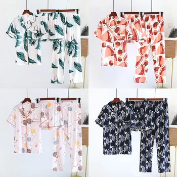 2021 Mulheres Novas da Primavera e Summer100%viscose Pijama de Três peças de Manga Curta + Shorts + Calça Macio e Confortável Homewear  5