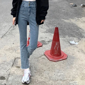 BEENLE Mulher Jeans Primavera Mulheres coreano Moda Calças de Elástico de Cintura Alta Queimado Jean Stright-perna Fina, Calças de Mulheres de Roupas  5