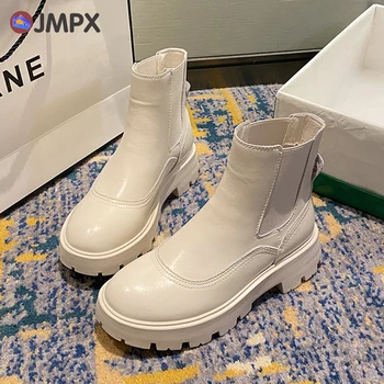 JMPX Mulheres de Couro Genuíno Chelsea Boots de Moda Plataforma Ankle Boots Para as Mulheres de Outono Inverno do Dedo do pé Redondo Elástico, de Sapatos Brancos  4