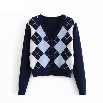 Geométricas Rhombic Suéter de Mulheres 2020 Nova Moda Xadrez V-pescoço Suéter de Senhoras Elegantes Selvagem Tops, Blusas de Revestimento  4