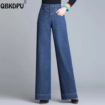 Vintage Azul Wide Leg Jeans Mulheres de Cintura Alta coreano Moda Mãe Calças Jeans Plus Size Lavado Botão Direto Calças Largas  0