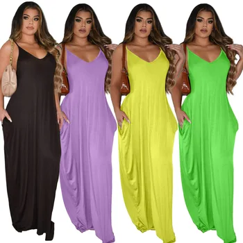 2021 Mulheres de Vestido de Festa de Luxo Brilhante Sundress Imitação de Seda Moda Senhoras Sexy Vestido com Cor Sólida Solto Pocket Suspensórios  5