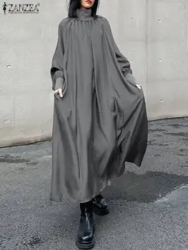 ZANZEA Elegante Gola Vestidos de Moda Manga Longa Maxi Vestido Casual Solta Streetwear Mulheres de Uma linha de Longas Vestes 2022 Outono  5