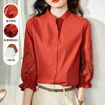 Vermelho Bordado Sólido Mulheres Camisas De Verão Vintage, Em 2022, O Decote Em Ocos Elegante Feminino Outwear Casacos De Qualidade Superior  5
