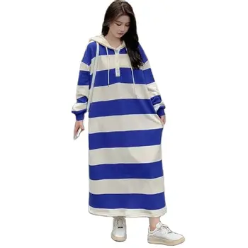 Vestidos de moda Para as Mulheres, Em 2022, o Início do Outono Camisola Longa Vestidos das Mulheres Sobre O Joelho Listrado Temperamento Vestido  5