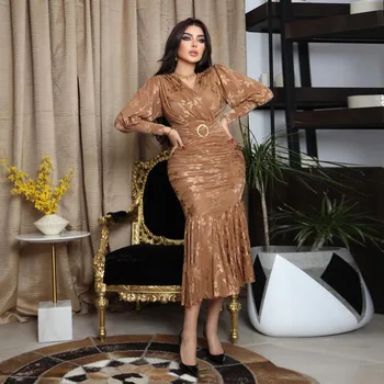 Sereia Vestido de Mulher com decote em V Elástico de Festa Vestidos de Noite do Ramadã Islâmico Vestuário Muçulmano Abayat Manto Femme Musulmane Dubai Abaya  5