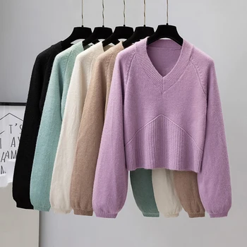 Roxo com decote em V Waxy Macio Suéter de Cashmere Mulheres Inverno Espessamento Solta Preguiçoso Fora o Desgaste Doce Camisola Japonês 