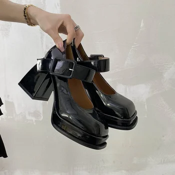 2022 Nova capa de Couro Pu de Bombas de Mulheres do Vintage Senhoras de Salto Alto Plataforma Doce Maria de junho de Estudante Sapatos Mulheres da Moda Primavera Outono  5