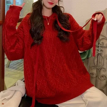 Pulôver camisola 2022 nova de outono e inverno com capuz pulôver suéter casaco coreano casual manga longa torção camisola de malha superior  5