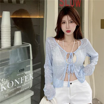 ILARES coreano Moda Vestuário de Mulher Blusas 2022 Top de Laço Blusa e Casaquinho de Manga Longa Camisa de Mulheres Sensuais Blusas Vintage das Mulheres  5