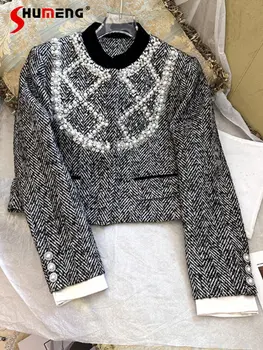 Retro Frisado Diamante de Tweed com a Coats para Mulheres de Grande Pérola Strass Manga Longa Curta Casaco de Outono Stand Colarinho Recortado Jaqueta  5
