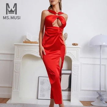 MSMUSI 2022 Nova Moda Mulheres de Vermelho Sexy Halter Ocos sem Mangas sem encosto Bodycon Parte do Clube de Fenda de Cetim Vestido Midi Vestidos  4