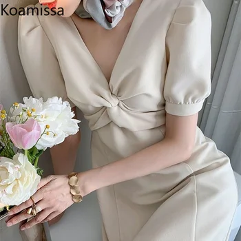 Koamissa Mulheres Plus Size Vestido de decote em V Cintura Magro Uma Linha de Vestidos de francês do Office Lady coreano Chic Veste Ropa Mujer Novo 2022  2