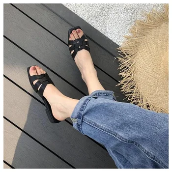 2022 Nova Verão de Mulheres Flip-Flops Sapatos para as Mulheres Aberto Toe de Moda Tecelagem Macio Mulheres Sandálias de Cor Sólida Plana Sapatos Sandálias  5