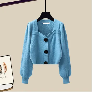 Moda Suéter de Malha 2023 Outono Inverno Novo Topo+Vestido Preto de Duas peças de Conjunto de Mulheres coreano Elegante Casaquinho de Blusa e Saia Midi Terno  5