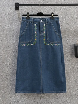 LY VAREY LIN Nova coleção Primavera / Verão Bordado Saias do Denim das Mulheres Casual Cintura Alta A linha de Saias Senhora de Moda S-5XL Azul Saias  1