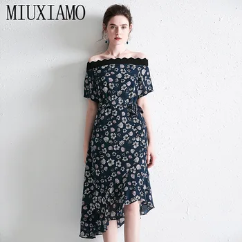 MIUXIMAO 100% Seda 2020 Vestido de Verão a mais Recente Chegada Vintage Flor Imprimir Uma Linha de Meados de Bezerro Vintage Elegante Vestido Vestido  4