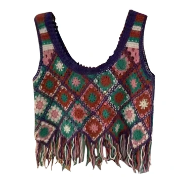Crochê Colorido Geométrico Xadrez Mini Vest Outwear para as Mulheres Ocos de Malha de Gola Redonda Borlas Bainha Camisole Drop Shipping  5