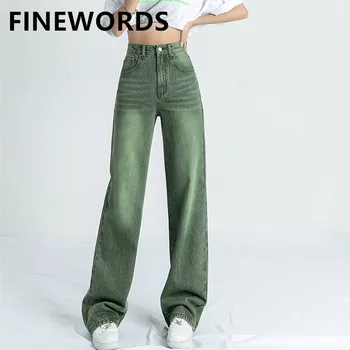 FINEWORDS Moda Vintage Lavado Verde calças de Brim das Mulheres Casual Cintura Alta coreano Baggy Jeans Punk Streetwear Solta Wide Leg Jeans  3