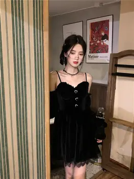 2022 Outono Vintage Elegante Vestido De Uma Peça Coreano Gótico De Veludo Preto Vestido De Festa À Noite Manga Longa Y2k Mini Vestido Das Mulheres  5