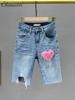 Europeu feminino de 2022 Verão de Novo na Moda Elástico de Cintura Alta Jeans de Senhoras de Calças de Moda Ins do cristal de rocha do Joelho-comprimento de calça Jeans Reta  5