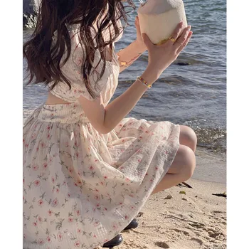 [Doce e Picante Menina] Férias à beira-Mar Floral Doce Vestido de Chiffon sem encosto Laço na Saia Curta 2022 Verão  4
