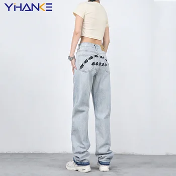 Elegante Y2k High Street Mulheres Homens do Hip Hop Harajuku Chama Carta de Impressão Calças Jeans Vintage Lavado Reta Calças  5