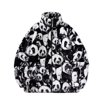 2022Lmitation Mink Fur Stand Colar de Panda padrão Acolchoado Jaqueta Homens de Inverno Casual Espessamento do Revestimento Unisex Quente Streetwear Oversize  5