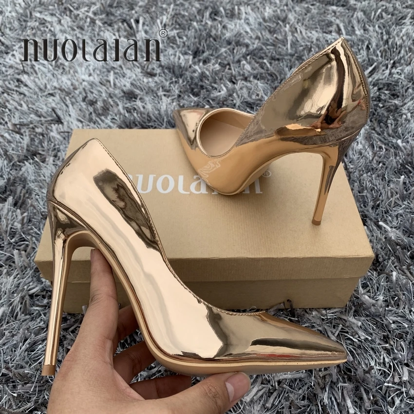 2019 Moda Mulheres Sapatos de Ouro, Couro de Patente de Casamento Sapatos de Mulher Sexy Estiletes de Salto Alto 12 cm/10 cm/8 cm Dedo Apontado Mulheres Bombas