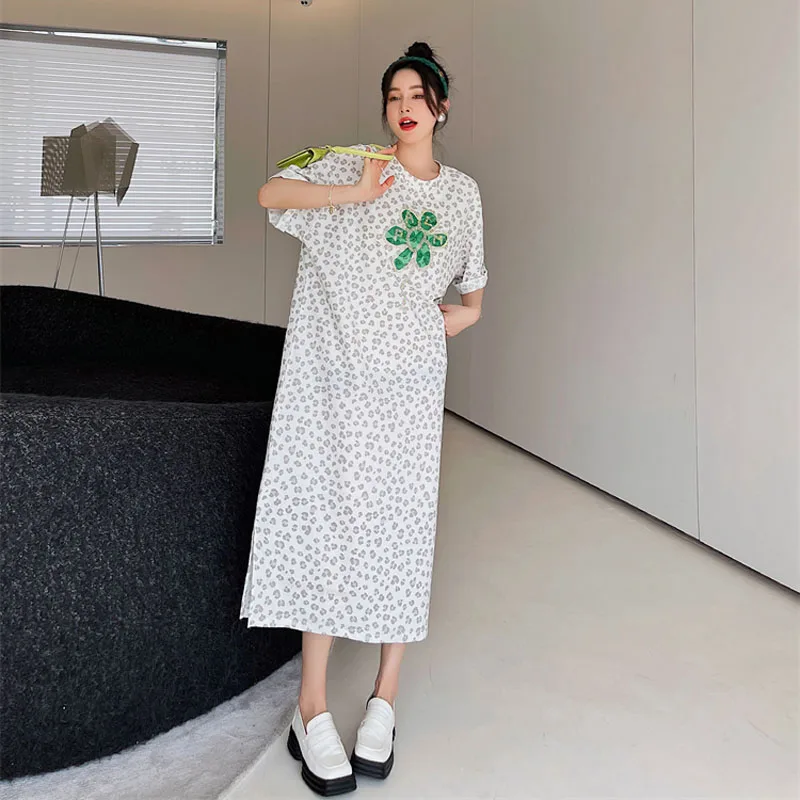 2023 Verão Nova-Coreano Solta Camisa De Manga Curta Mulher Vestido De Vestidos De Moda Casual Flora Impressão Maxi Vestidos Longos Para As Mulheres