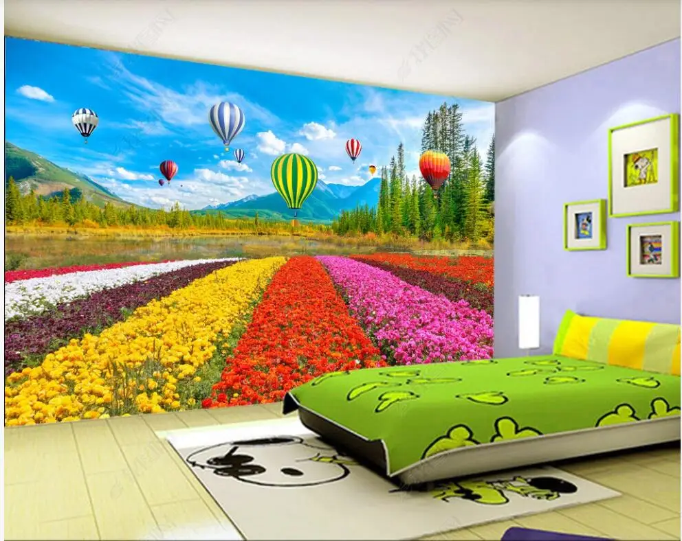 3d papel de parede para parede Bela flor colorida de tulipas de balão de ar quente de murais, Decoração de casa foto de papel de parede autocolante para o quarto