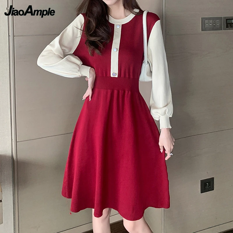 Mulheres de Outono Inverno Graciosa Vermelho de Malha Vestido de 2021 coreano Office Lady Graciosa Patchwork Camisola de Vestidos de O-Pescoço Preto Malhas