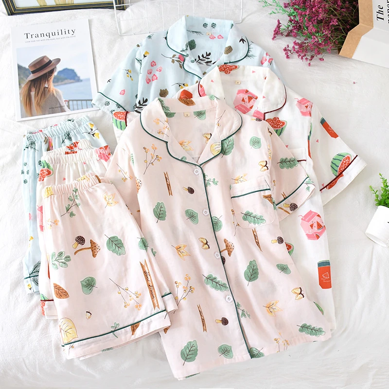 Pijama senhoras Japonês a primavera e o verão de Dormir impresso gaze de algodão fino seção solta coreano casa de serviço macio terno пижама