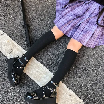 Plataforma Preto Escuro Loli Punk Gótico Vintage Lolita Sapatos Rebite Salto 6cm Cruz Fivela de Estrelas, Anime e Cosplay Gótico Estilingue de Volta  10