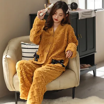 Quente Pijama de Flanela Conjuntos de Inverno Mulheres de Duas peças de Pijama Conjunto Bowknot Feminino Pijamas em Casa Roupas de Mulheres com Decote em V Pijama Terno  10